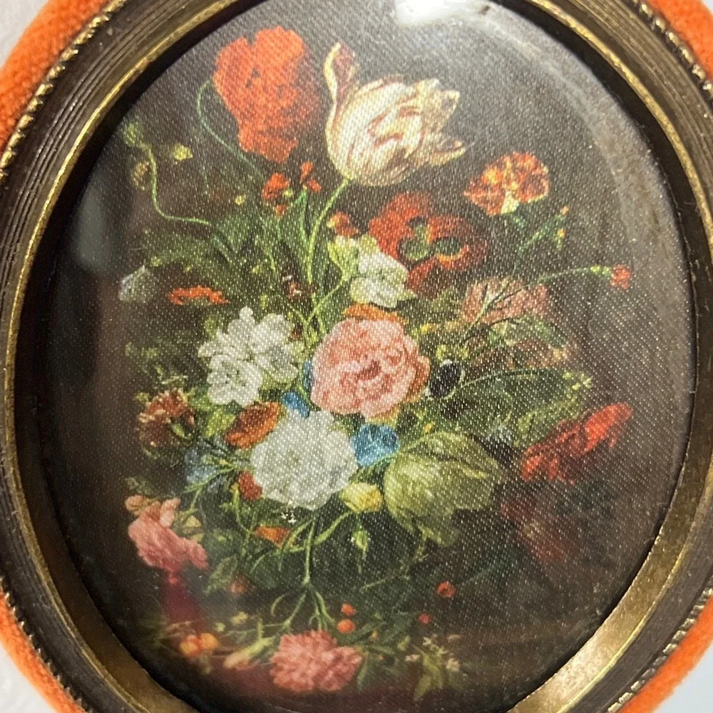 Vintage 60s Mini Florentine Floral Wall Plaque Orange Velvet Bezel Grannycore